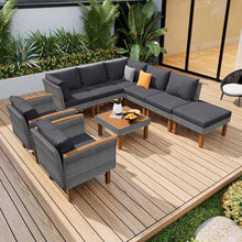 Merax Outdoor Patio Furniture Sets, Free Combination Rattan Sofa with Wood Tabletop, 9-piece, Grey