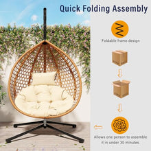 Hanging Egg Swing Chair Stand, Foldable Woven HDPE Basket Seat, Plush Removable Polyester Cushion, Rust-Resistant Chain, Reinforced Iron Base, Non-Slip PP Pads, Indoor Outdoor Lounger (Brown+Beige)