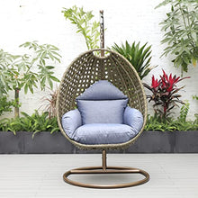 LeisureMod Wicker Rattan Hanging Egg Swing Chair with Stand & Cushion - Charcol Blue Swing Chair for Indoor/Outdoor, Patio, Bedroom, Lounge Seat