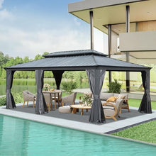 Ginkartu 14'x22' Hardtop Gazebo, Galvanized Steel Double Roof Outdoor Canopy with Drainage System, Upgraded Mesh Netting & Privacy Curtains, Heavy Duty Metal Pergola for Patio, Grey
