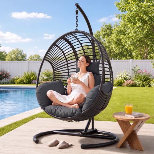 CHINNLUU Oversized Hanging Egg Chair with Stand Outdoor Wicker Swing Chair Comfy Hammock Egg Shaped Chair 400lbs Capacity for Patio, Garden and Balcony