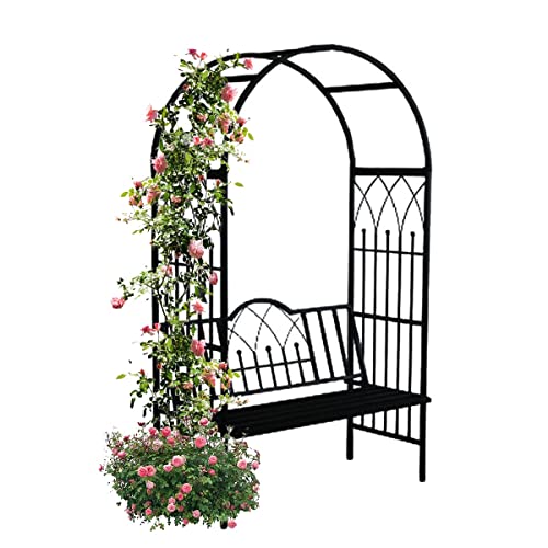 Garden Arch with Seat for 2 People, Metal Arbor Trellis Arbour Archway with Bench for Climbing Gardening Outdoor Garden Lawn Backyard Patio (Color : Black)