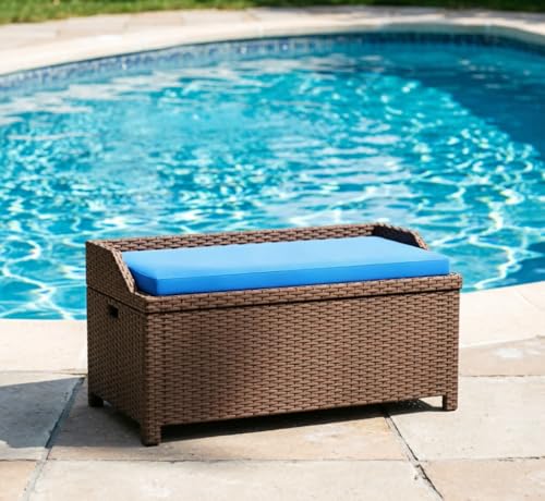 YZFfnte 2-in-1 Outdoor Wicker Storage Bench with Cushion - 34 Gallon Patio Deck Box with Gas Struts - Weather-Resistant Aluminum Garden Bench for Porch, Pool & Backyard