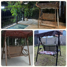 Outdoor Porch Swing with Canopy & Metal Frame, Waterproof Patio Swings with Seat Cushion & Pedals, Cup Holder Trays & Wear-Resistant Foot Pads for Garden Backyard(Brown)