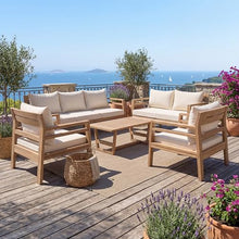 Christopher Knight Home 5 Piece Outdoor Acacia Wood Patio Furniture Set Club Chairs Loveseat Sofa Coffee Table Deep Seating Conversation Set Light Teak Finish Beige Cushion