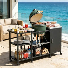 Amgalers 67.7" Outdoor Grill Table Cart, Multi-Functional Prep Station with Cabinet & Open Shelves, Lockable Wheels for Outdoor Cooking