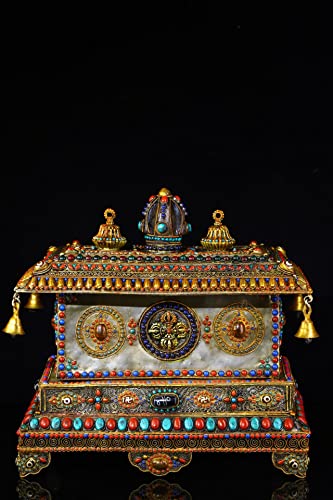 Generic 14" Tibetan Temple Collection Silver Gilt Gem Dzi Beads Wind Chimes Buddha Statue Four-Armed Guanyin Exorcism 1