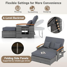 LDAILY Moccha Outdoor Wicker Daybed, Patio Rattan Loveseat Sofa w/ 4-Level Adjustable Backrest, Folding Panels, Storage Ottoman & Cushions, Lounge Furniture Set for Poolside Backyard Porch (Grey)