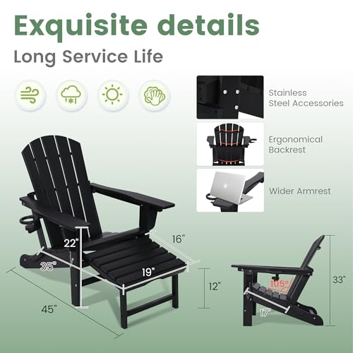 Wildformers Adirondack Chair Set of 4 with Retractable Ottoman, Adjustable Reclining, Folds for Easy Carry, Black