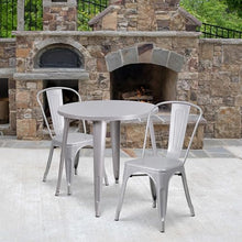 BOWERY HILL 3 Piece 30" Round Metal Patio Dining Set, Silver Powder Coat Finish, Includes Table and 2 Stackable Chairs, Indoor or Outdoor Use, Retro-Modern Style for Commercial or Residential Spaces