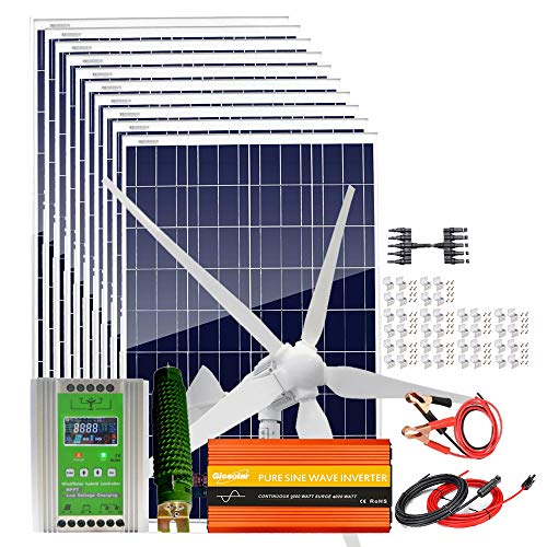 2000W Wind Solar Kit with 2000W 24V Power Inverter for Home Off Grid System：1000W Wind Turbine Generator + 10pcs 100W Poly Solar Panel + Hybrid MPPT Charge Controller + Accessory