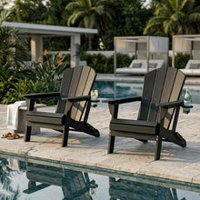HGTRH Folding Adirondack Chairs Set of 2, Portable HDPE Outdoor Patio Chair with Wooden Textured & Cup Holder, Weather Resistant, Capacity for Pool, Backyard, Balcony, Fire Pit Grey