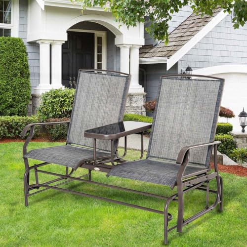 Hassyee Outdoor Glider Bench with Center Table and Steel Frame for Poolside, Lawn, Patio Double Glider Chairs with Breathable Mesh Fabric and Tempered Glass Tabletop for Backyard