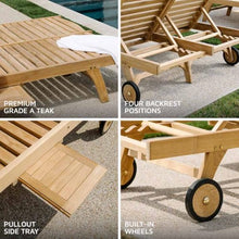 TITAN GREAT OUTDOORS Ash & Ember Hawthorne Grade A Teak Double-Wide Reclining Lounge Chair, Four Adjustable Backrest Positions, Pull-Out Tray, Outdoor Weather-Resistant Sun Chaise Lounger with Wheels