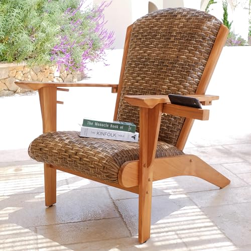Cambridge Casual Teak Camden Outdoor Adirondack Chair with Padded Woven Seat, Free Patio Cover, Brown All-Weather Wicker & Solid Teak Wood Frame, Quick-Dry Foam Adirondack Chair for Patio