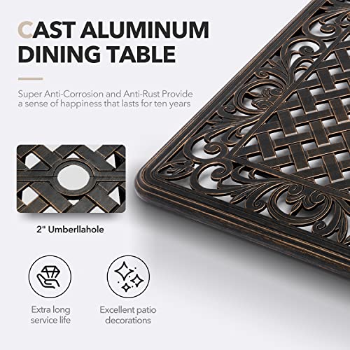 Ailismail 7-Piece Outdoor Dining Set Cast Aluminum Retro Patio Dining Set for 6 with 59” Table, 6 Chairs, Thicker Cushion, and Umbrella Hole Bronze