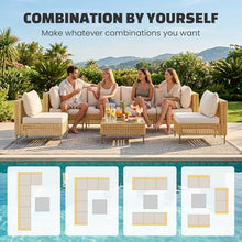LHBcraft 7-Piece Outdoor Furniture Set, Handmade Rattan Patio Furniture Set, Outdoor Sectional Furniture, Patio Sectional with Fluffy Cushions and Coffee Table, Yellow Beige