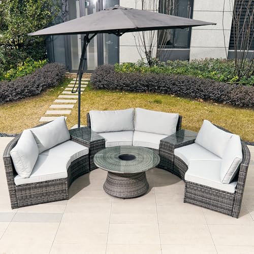 Grey 9-Piece Rattan Patio Sectional Sofa Set with Cushions and Coffee Table