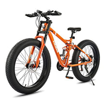 Viribus Fat Tire Bike Mens Mountain Bike Full Suspension Shimano 21 Speed Aluminium Alloy Frame 26" MTB Adult Bike Orange