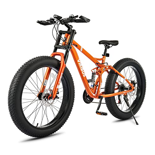 Viribus Fat Tire Bike Mens Mountain Bike Full Suspension Shimano 21 Speed Aluminium Alloy Frame 26" MTB Adult Bike Orange