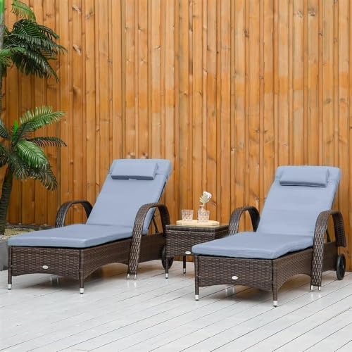 UOPYNE Pool Patio Chaise with Wheels, 3 Pieces Patio Furniture Set, Wicker Outdoor Chaise Lounge Set of, Adjustable Backrest PE Rattan Pool Lounge Chair for Outside Sunbathing Camping Beach
