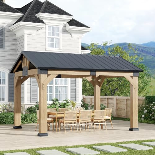 GOHONEI 10x12 ft Cedar Wood Gazebo, Hardtop Gazebo with Galvanized Steel Peak Roof, Outdoor Pavilion for Garden, Backyard, Patio, Deck