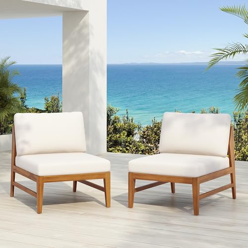 Christopher Knight Home Suri Set of 2 Acacia Wood Lounge Chair Outdoor, Contemporary Accent Chair Set with Weather Resistant Cushion, Deep Seating Armless, Comfy Patio Chairs, Teak + Cream