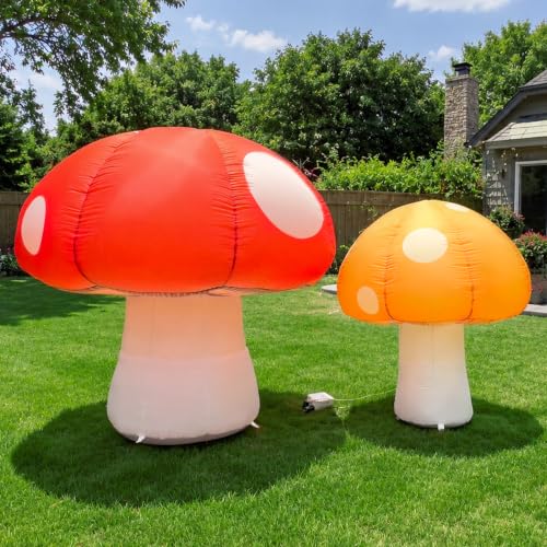 Wellcomer 2 Pcs Inflatable Mushroom Decor with LED Lights, 8Ft & 6Ft Blow Up Mushrooms for Garden Yard Outdoor Fairy Tale Party Decoration, Stage & Event Display