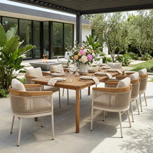 Christopher Knight Home Sirena Acacia Wood Outdoor Dining Set for 8, 9 Piece Patio Dining Table and Chair Set, Solid Wood Outdoor Dining Armchair and Table Set with Cushion, Teak+Beige