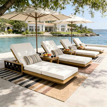 Merax Patio Chaise Lounge Set of 4, Acacia Wood Outdoor Reclining Chairs with 4-Position Adjustable Backrest, 4-Piece Sunbathing Recliner & 4" Thick Triple-fold Cushion for Poolside, Garden, Beige