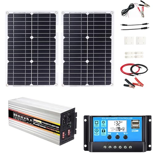 OLONETO Solar Power System 36W Folding Solar Panel with Four USB Chargers + 12000W Pure Sine Wave Power Inverter with Dual LED Display DC12V-AC110V+ 30A Solar Charge Controller Solar System Kit