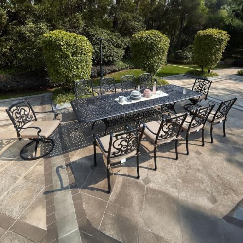Darlee Santa Barbara 11 Pc Cast Aluminum Dining Set w/ 92 X 42 Inch Series 60 Extension Table & 2 Swivel Rockers in Antique Bronze/Beige Canvas
