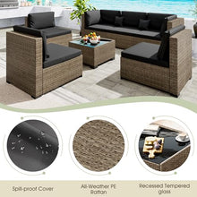 LHBcraft 7 Piece Outside Sectional Furniture Set, All Weather Wicker Patio Sofa, Outdoor Sectional Balcony Furniture with Black Cushion & Glass Coffee Table