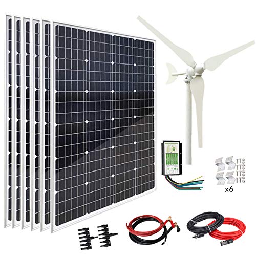 AUECOOR 820W Wind & Solar Power Hybrid Kit: 6 x 120W Solar Panel+100W Wind Turbine+Hybrid Controller+Extension Cable+Battery Cable+Z Brackets+Connectors