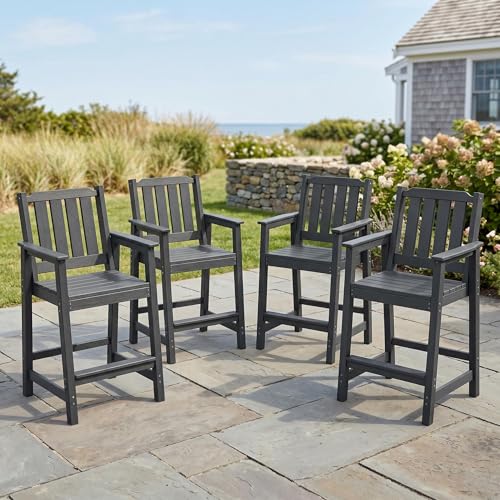 GarveeLife Outdoor Patio Bar Stools Set of 4 – 27.7" Counter Height Bar Chairs with Arms & Back, All-Weather HDPE Wood Grain Patio Dining Chairs for Backyard, Balcony, Deck, Garden (Dark Grey)