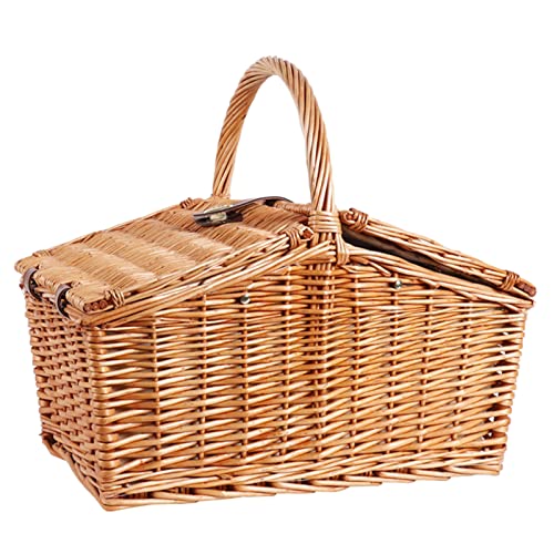 Willow Picnic Basket Set for 4 Persons, Vintage-Style Split Lid Wicker Picnic Hamper with Liner for Camping,Outdoor,Valentine Day,Thanks Giving,Birthday