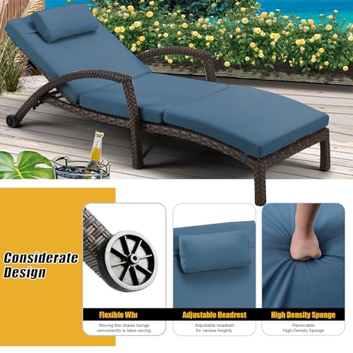 HOMREST Chaise Lounge Chairs Set of 6 PE Rattan Adjustable Poolside Dark Blue