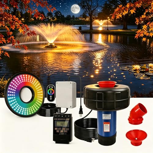 Pond Fountain Aerator,with Dynamic LED RGB Lighting,Adjustable Modes, Digital Timer -Pond fountain1HP 15,000 GPH, 750W 110V, 100FT Cord - for Large Ponds, Lakes & Outdoor Water Features
