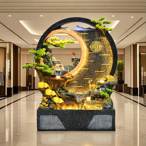 Indoor Outdoor Resin Fountain with LED Light Ring – Round Landscape Waterfall Feature with Pump, Bonsai & Gourd Decor – 6.07ft Tall Large Decorative Water Sculpture(A Small)