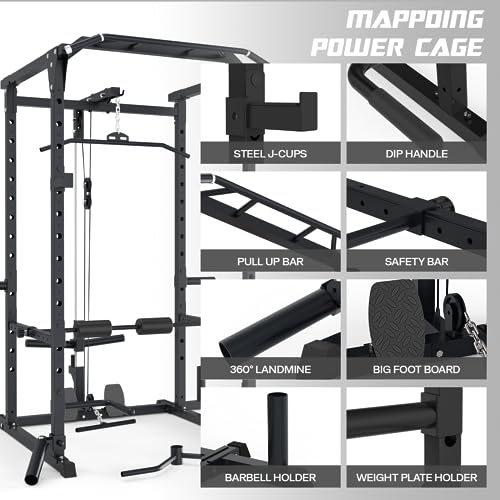 Mappding Power Cage Black Multi-Functional Power Rack with J-Hooks, Dip Handles, Landmine Attachment and Cable Pulley System Q2 Black