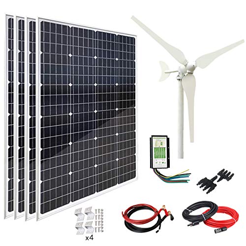 AUECOOR 580W Solar Wind Power Kit: 4pcs 120W High Efficiency Solar Panel+100W Wind Turbine for Battery Charging Boat, Caravan, RV