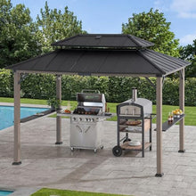 Sunjoy Wooden Grill Gazebo 8x12 ft Steel Hardtop Solar Power Outdoor Cooking Shelter Black