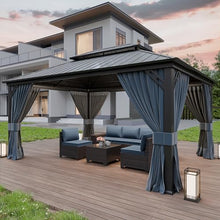 Kurapika 12' x 16' Hardtop Gazebo Outdoor Metal Pavilion with Galvanized Steel Roof, Curtains & Netting Navy Blue