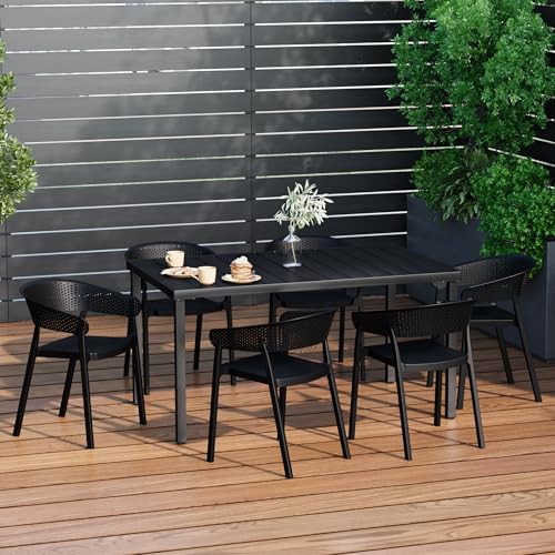 Costaelm Outdoor Patio Dining Set, 7 piece Dining Table Set, Breakfast Coffee Bar Table and Chairs of 6, Stackable Dining Side Chair, Patio Bistro Deck Furniture, Black