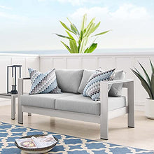 Lounge Loveseat Sofa, Fabric, Aluminum, Silver Grey Gray, Modern, Outdoor Patio Cafe