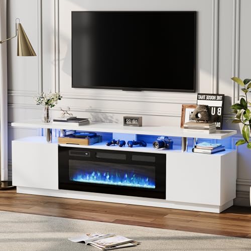 Takywep 70'' Fireplace TV Stand with 36'' Electric Fireplace Heater, 12 Flame and 7 LED Color Modes, High-Gloss Entertainment Center with 2-Tier Storage Cabinet, Remote Control Media Console, White