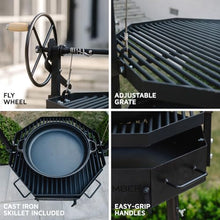 Ash & Ember Santa Maria Grill, Argentine Style Open Fire Grill, Adjustable Cooking Grate with Flywheel, BBQ Grill Comes with Cast Iron Skillet