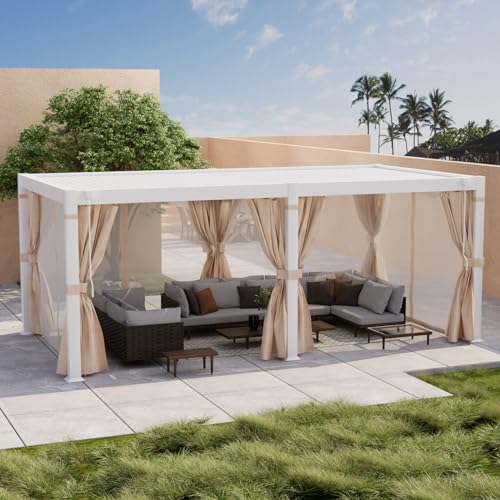 COSIEST 10'x20' Outdoor Louvered Pergola with Adjustable Roof, Netting & Curtains, Hardtop Gazebo Sun Shade White