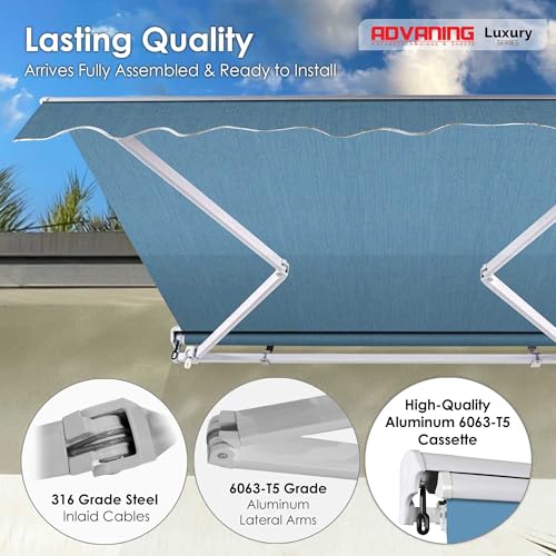ADVANING Luxury Series, 16'x10' Electric Retractable Awning, Premium Quality Fully Assembled UV+ Sun Shade Canopy, Cerulean, EA1610-A229H2