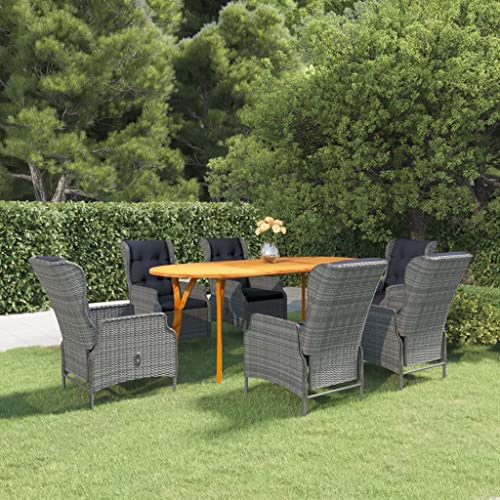 Molumvel 7 Piece Patio Dining Set with Acacia Wood Table and 6 Reclining PE Rattan Chairs, Outdoor Garden Furniture Set Light Gray